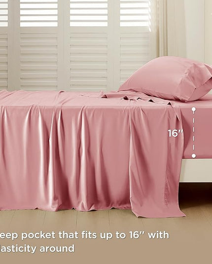 Bedsure Twin XL Sheet Set Dorm Bedding, Cooling Sheets Twin Extra Long Sheets, Rayon Derived from Bamboo, Deep Pocket Up to 16", Hotel Luxury Silky Bedding Sheets & Pillowcases, Blush Pink - LeafyLoom