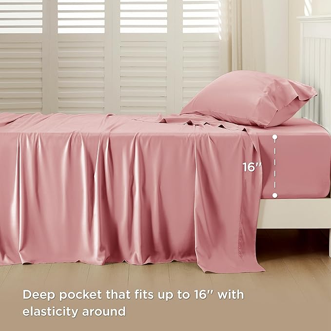 Bedsure Twin XL Sheet Set Dorm Bedding, Cooling Sheets Twin Extra Long Sheets, Rayon Derived from Bamboo, Deep Pocket Up to 16", Hotel Luxury Silky Bedding Sheets & Pillowcases, Blush Pink - LeafyLoom