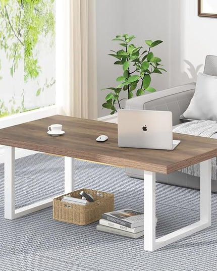 IBF Farmhouse Living Room Table, Modern Minimalist Wood Coffee Table, Simple Industrial Rectangle Center Table, Wood and Metal Tea Coffee Table for Home Bedroom Office, White and Rustic Oak, 47 Inch - LeafyLoom