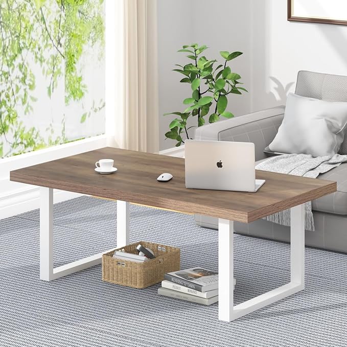 IBF Farmhouse Living Room Table, Modern Minimalist Wood Coffee Table, Simple Industrial Rectangle Center Table, Wood and Metal Tea Coffee Table for Home Bedroom Office, White and Rustic Oak, 47 Inch - LeafyLoom