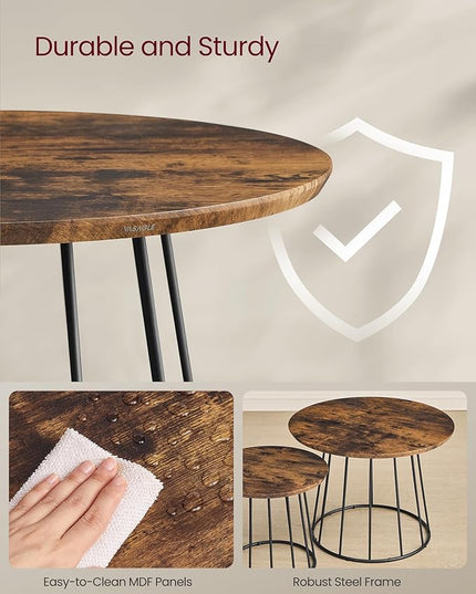 VASAGLE Round Coffee Tables, Set of 2, Modern Circle Side Tables with Steel Frame, for Living Room, Bedroom, Rustic Brown ULCT045K01 - LeafyLoom