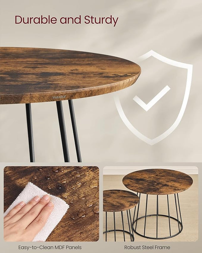VASAGLE Round Coffee Tables, Set of 2, Modern Circle Side Tables with Steel Frame, for Living Room, Bedroom, Rustic Brown ULCT045K01 - LeafyLoom