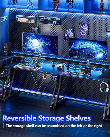 Computer Gaming Desk with Power Outlet & LED Lights, 47 Inch L Shaped Gamer Table with Storage Shelves for Bedroom, Reversible Corner Home Office Desk, Carbon Fiber Black - LeafyLoom