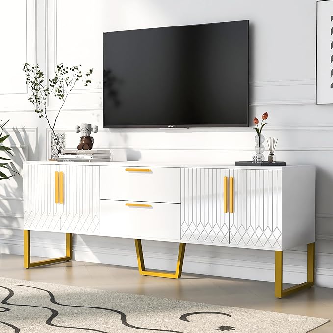 NicBex TV Stand for 75 Inch TV Modern TV Media Console Table with Metal Legs Drawers and Cabinets,Entertainment Center with Storage for Living Room,Bedroom,66.9 Inch,White - LeafyLoom
