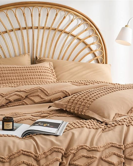 KAKIJUMN Khaki Tufted Comforter Set King Size 7 Piece Bed in a Bag, Shabby Chic Boho Comforter and Sheet Set, Pom Pom Textured Bed Set, All Season Soft Microfiber Complete Bedding Set(Khaki,King) - LeafyLoom
