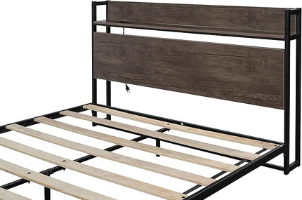 Queen Size Metal Platform Bed Frame with Wooden Headboard,Built-in Socket, Fast Assemble Design,No Box Spring Needed,Bedroom Furniture,Black - LeafyLoom