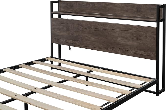 Queen Size Metal Platform Bed Frame with Wooden Headboard,Built-in Socket, Fast Assemble Design,No Box Spring Needed,Bedroom Furniture,Black - LeafyLoom