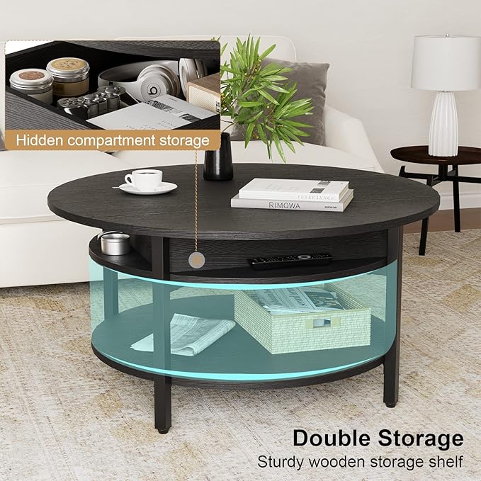 FABATO Round Lift Top Coffee Table for Living Room, 35.43'' Round Coffee Table with Storage and Hidden Compartment, 2 Tier Large Farmhouse Coffee Table Round Dining Table, Black - LeafyLoom