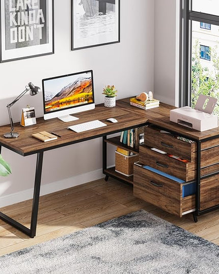 Reversible 53-inch L Shaped Desk with 3 Drawer, Farmhouse Corner Desk Gaming Table with Shelves and File Cabinet for Letter Size & Legal Size File for Home Office and Small Space - LeafyLoom