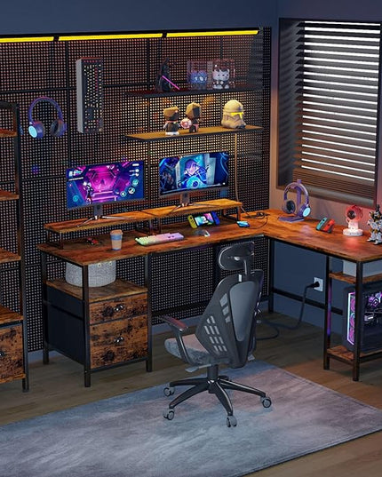 Furologee 66” L Shaped Desk with Power Outlet, Reversible Computer Desk with File Drawer & 2 Monitor Stands, Home Office Desk with Storage Shelves, Corner Desk for Gaming Writing, Rustic Brown - LeafyLoom