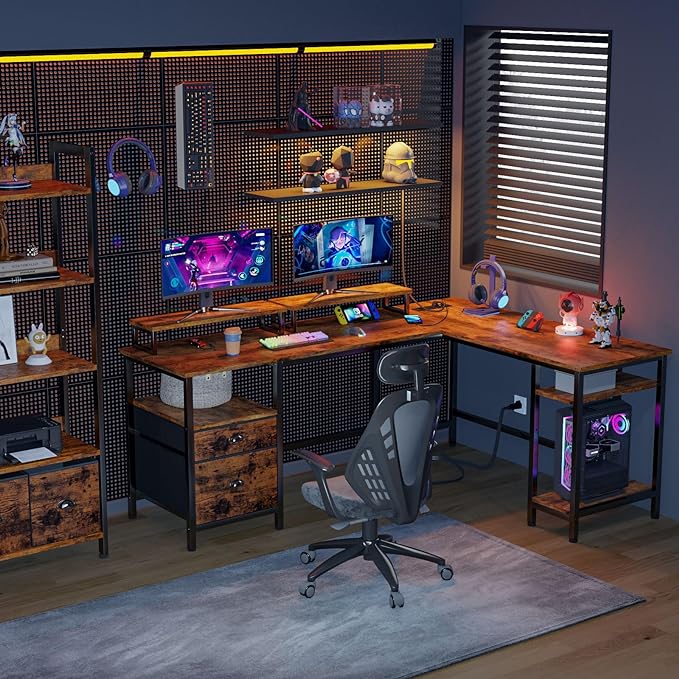 Furologee 66” L Shaped Desk with Power Outlet, Reversible Computer Desk with File Drawer & 2 Monitor Stands, Home Office Desk with Storage Shelves, Corner Desk for Gaming Writing, Rustic Brown - LeafyLoom