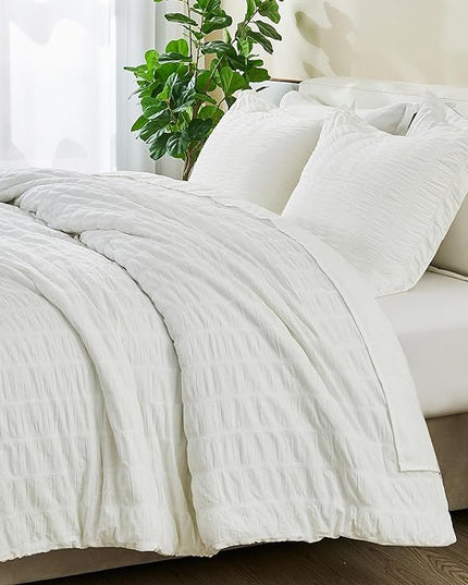 Full/Queen 100% Cotton Comforter Set | White Puckered Striped Down Alternative Comforter | All Season, Linen-Like, Textured 3 Piece Bedding Comforter Set (Full/Queen, White) - LeafyLoom