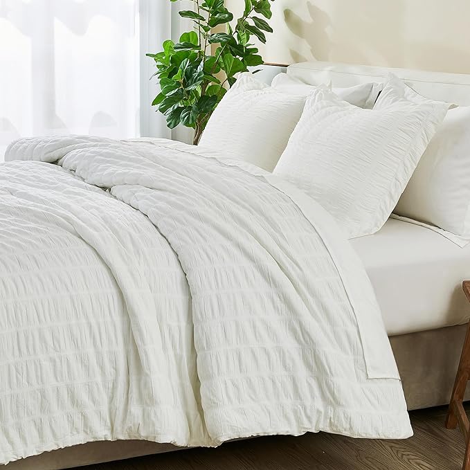 Full/Queen 100% Cotton Comforter Set | White Puckered Striped Down Alternative Comforter | All Season, Linen-Like, Textured 3 Piece Bedding Comforter Set (Full/Queen, White) - LeafyLoom