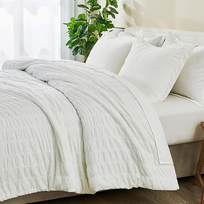King 100% Cotton Comforter Set | White Puckered Striped Down Alternative Comforter | All Season, Linen-Like, Textured 3 Piece Bedding Comforter Set (King, White) - LeafyLoom