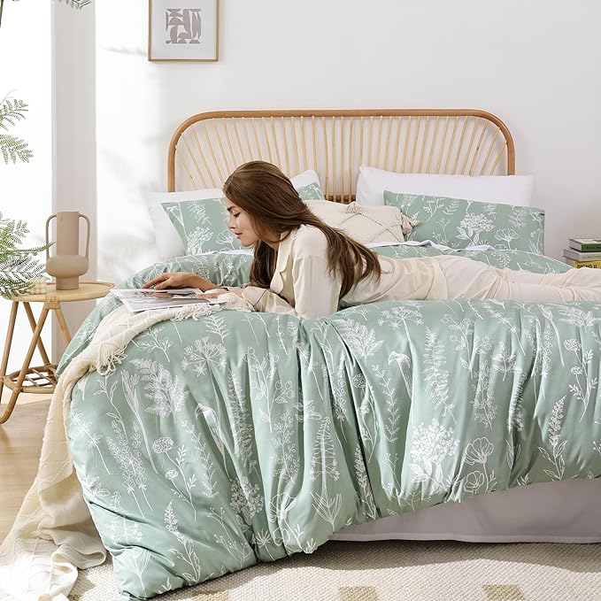 JANZAA Full Size Comforter Sage Green Comforter Bedding Comforter Sets Set Floral Comforter Set full size bed set with 2 Pillow Cases for All Seasons - LeafyLoom