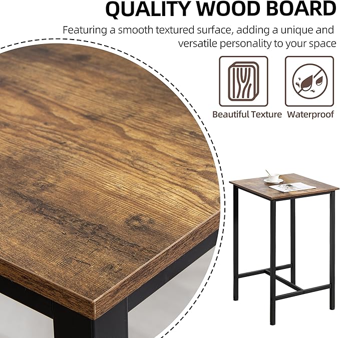 Finnhomy Bar Table, 23.6" Pub Table High Top Table, Square Bar Height Table, Counter Height Cocktail Table, Small Kitchen Table Set for 2, Breakfast for Kitchen, Living Room, Rustic Brown - LeafyLoom