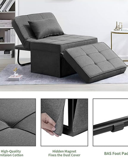 Sofa Bed, 4 in 1 Multi-Function Folding Ottoman Breathable Linen Couch Bed with Adjustable Backrest Modern Convertible Chair for Living Room Apartment Office, Dark Grey - LeafyLoom