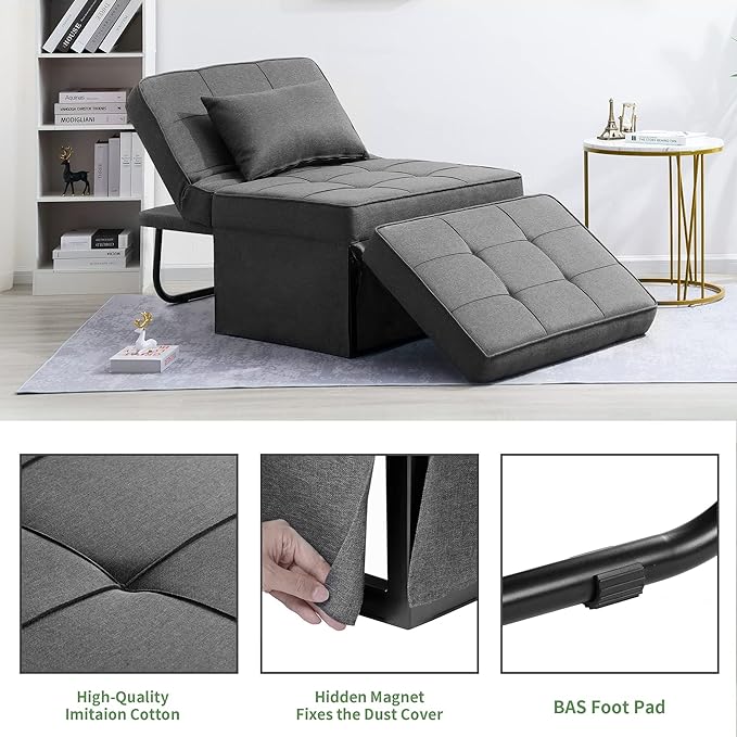 Sofa Bed, 4 in 1 Multi-Function Folding Ottoman Breathable Linen Couch Bed with Adjustable Backrest Modern Convertible Chair for Living Room Apartment Office, Dark Grey - LeafyLoom