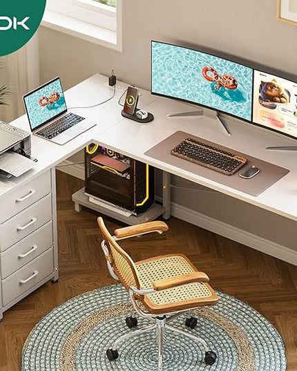 AODK L Shaped Desk with 4 Tier Drawers, 61" Reversible Gaming Desk with Power Outlets, L Shaped Computer Desk with USB Charging Port and Host Stand, Home Office Corner Desk, Easy to Assemble, White - LeafyLoom