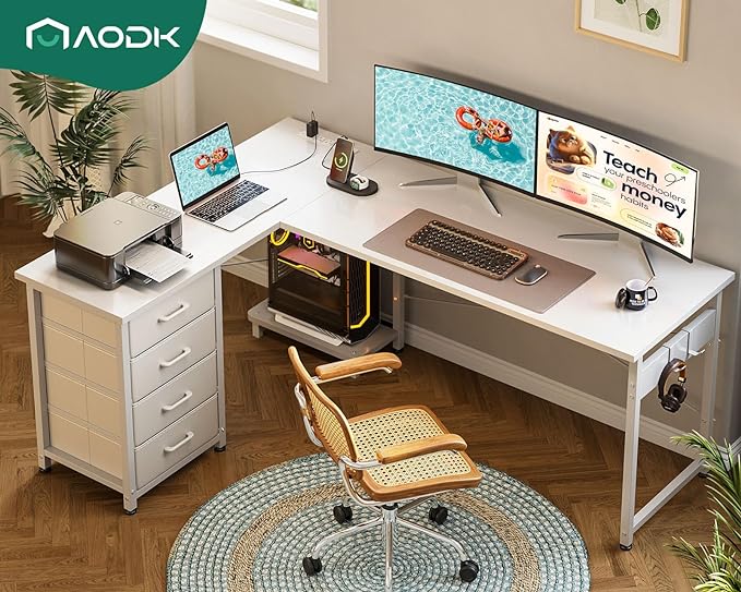AODK L Shaped Desk with 4 Tier Drawers, 61" Reversible Gaming Desk with Power Outlets, L Shaped Computer Desk with USB Charging Port and Host Stand, Home Office Corner Desk, Easy to Assemble, White - LeafyLoom