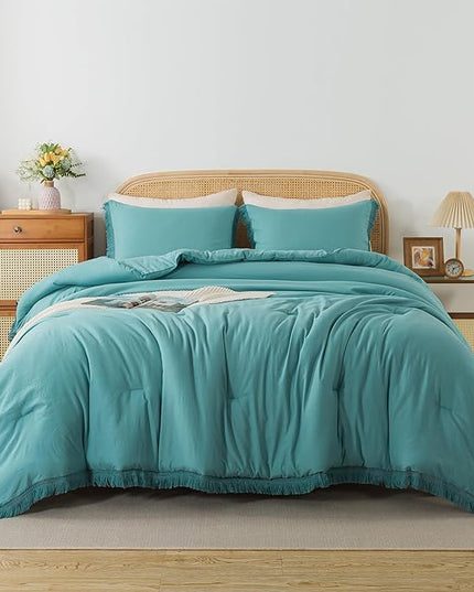 Andency Aqua Tassel Comforter Set Queen(90x90Inch), 3 Pieces(1 boho Comforter, 2 Pillowcases) Farmhouse Shabby Chic Comforter Set, Soft Microfiber Lightweight Fringe Bedding Comforter Set - LeafyLoom