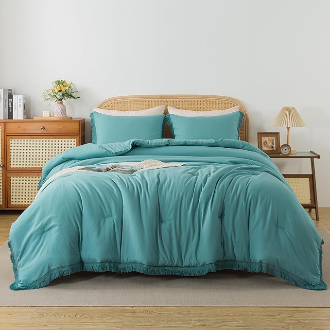 Andency Aqua Tassel Comforter Set Queen(90x90Inch), 3 Pieces(1 boho Comforter, 2 Pillowcases) Farmhouse Shabby Chic Comforter Set, Soft Microfiber Lightweight Fringe Bedding Comforter Set - LeafyLoom