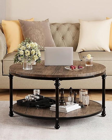 GAOMON Round Coffee Table Rustic Center Table with Storage Shelf 2-Tier Industrial Accent Center Table Wood Circle Coffee Table with Sturdy Metal Legs, Easy Assembly - LeafyLoom