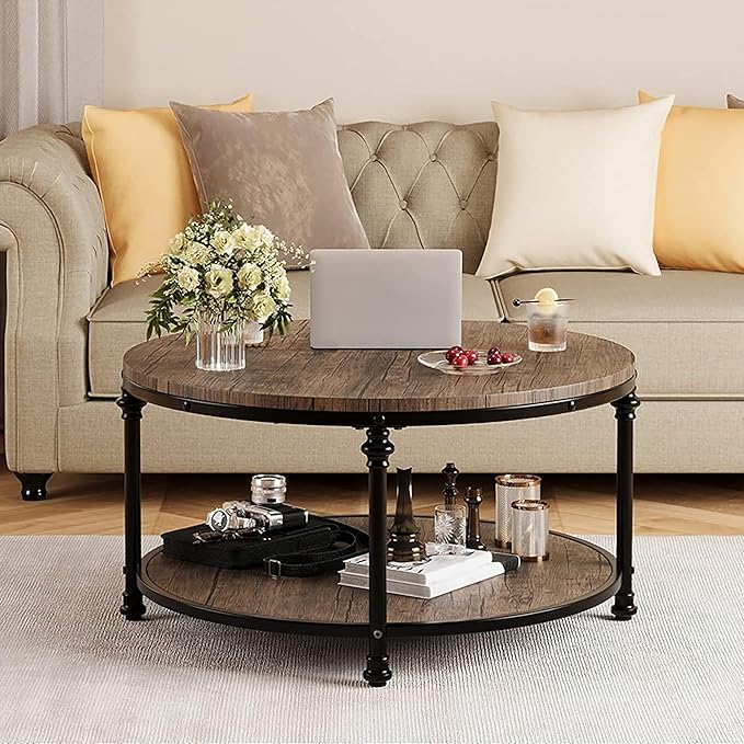 GAOMON Round Coffee Table Rustic Center Table with Storage Shelf 2-Tier Industrial Accent Center Table Wood Circle Coffee Table with Sturdy Metal Legs, Easy Assembly - LeafyLoom