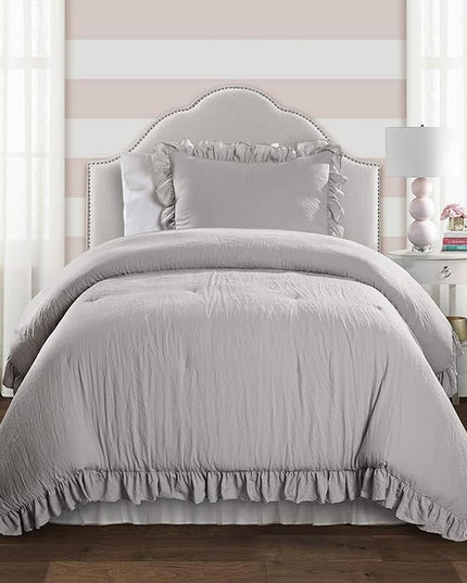 Lush Decor Reyna Ruffle Comforter Set - 2 Piece Cozy Ruffled Bedding Set - Timeless Elegance and Comfort for Dorm Room - Twin XL, Light Gray - LeafyLoom