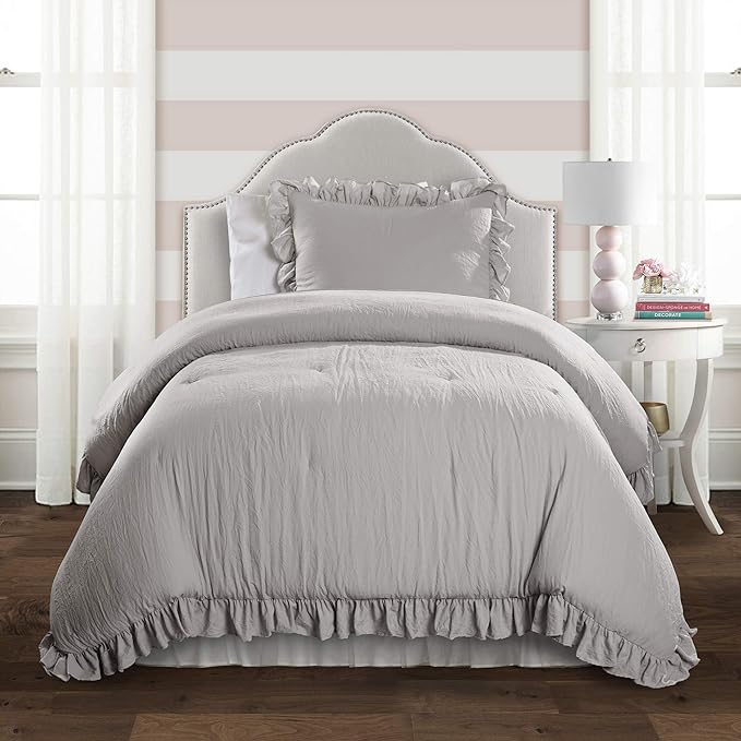 Lush Decor Reyna Ruffle Comforter Set - 2 Piece Cozy Ruffled Bedding Set - Timeless Elegance and Comfort for Dorm Room - Twin XL, Light Gray - LeafyLoom