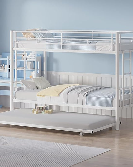 VECELO Twin Over Twin Bunk Bed with Trundle, Metal Bunkbeds with Ladder and Full-Length Guardrail, Noise Free, No Box Spring Needed, Off White - LeafyLoom