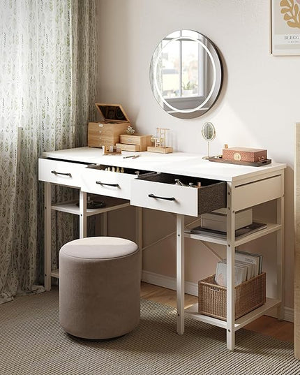 CubiCubi 47 Inch Computer Desk with 3 Drawers and Storage Shelves, Small Home Office Desk, Study Writing Table, Simple Desk for Bedroom, White - LeafyLoom