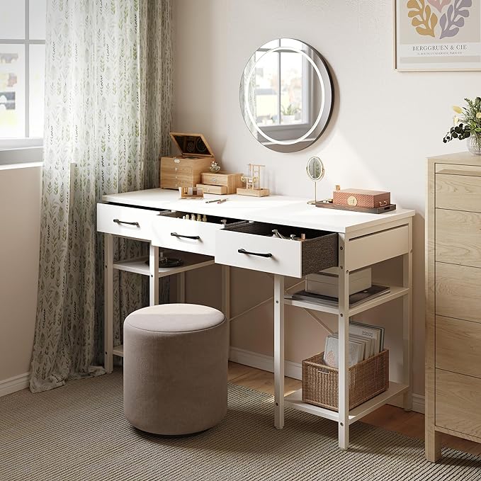CubiCubi 47 Inch Computer Desk with 3 Drawers and Storage Shelves, Small Home Office Desk, Study Writing Table, Simple Desk for Bedroom, White - LeafyLoom