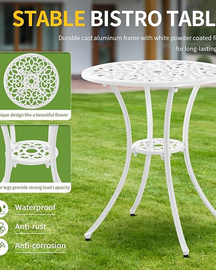 3 Piece Cast Aluminum White Bistro Set Outdoor Bistro Table and Chairs Set of 2,Metal Bistro Patio Table Set with Umbrella Hole,Patio furniture Set for Garden,Front Porch. - LeafyLoom