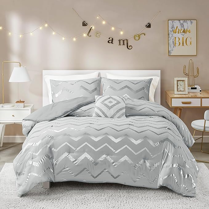 Codi Ziggy Metallic Grey Comforter Set Twin/Twin XL Size, Silver Bedroom Decor for Girls Room, 3 Piece Bedding Sets (2 Matching Sham + 1 Decorative Pillow) - LeafyLoom