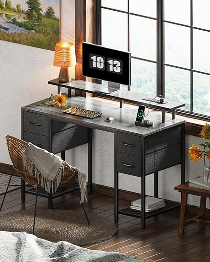 47 inch Computer Desk with 4 Drawers, Gaming Desk with LED Lights & Power Outlets, Home Office Desk with Large Storage Space for Bedroom, Work from Home, Gray - LeafyLoom