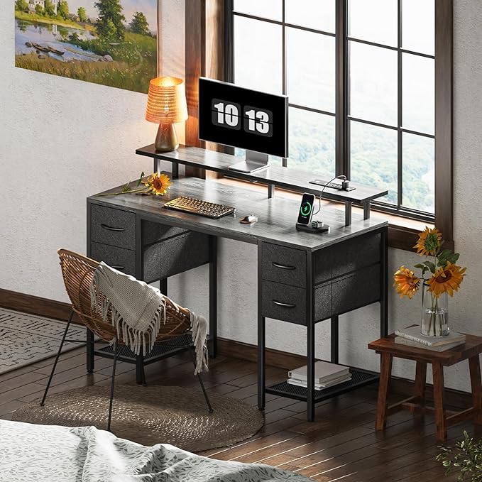 47 inch Computer Desk with 4 Drawers, Gaming Desk with LED Lights & Power Outlets, Home Office Desk with Large Storage Space for Bedroom, Work from Home, Gray - LeafyLoom