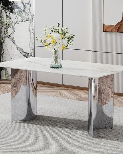 NicBex Modern Minimalist Dining Table White Imitation Marble Glass Sticker Desktop Stainless Steel Legs Stable and Beautiful Suitable for Living Room and Dining Room, White + Silver - LeafyLoom