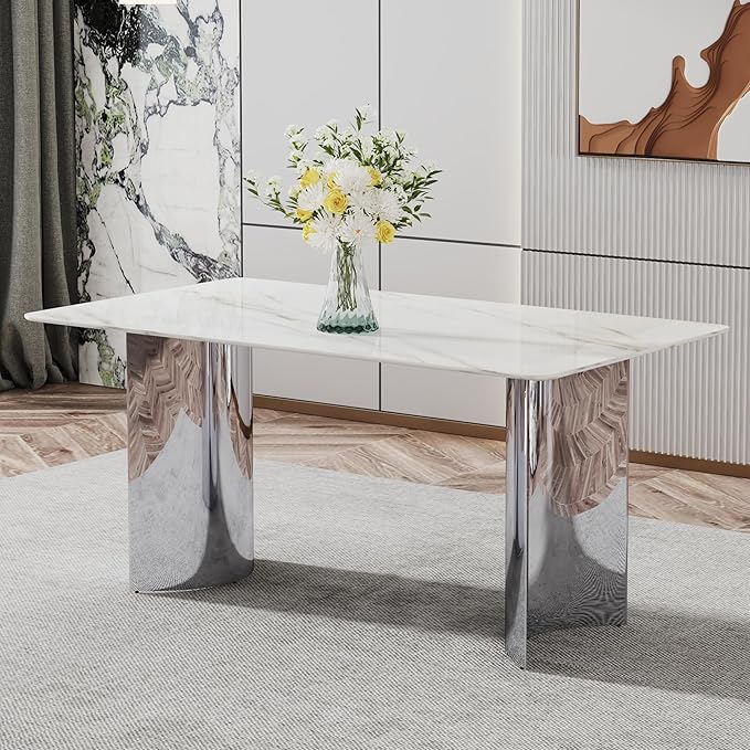 NicBex Modern Minimalist Dining Table White Imitation Marble Glass Sticker Desktop Stainless Steel Legs Stable and Beautiful Suitable for Living Room and Dining Room, White + Silver - LeafyLoom