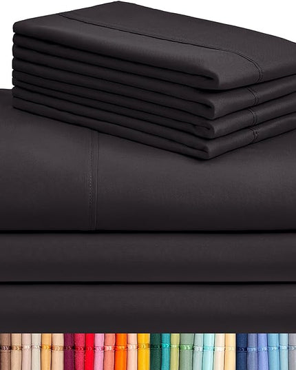 LuxClub 7 PC Split King Sheet Set, Breathable Luxury Bed Sheets, Deep Pockets 18" Eco Friendly Wrinkle Free Cooling Sheets Machine Washable Hotel Bedding Silky Soft - Black Split King - LeafyLoom