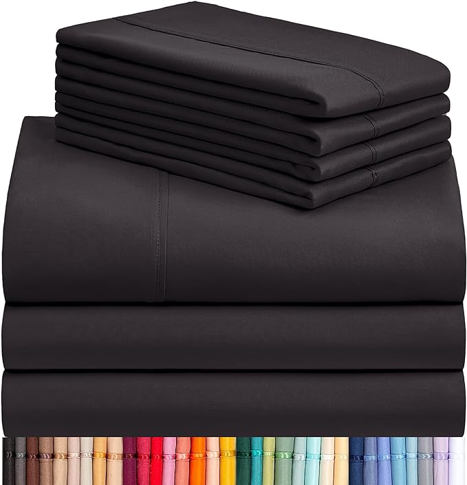 LuxClub 7 PC Split King Sheet Set, Breathable Luxury Bed Sheets, Deep Pockets 18" Eco Friendly Wrinkle Free Cooling Sheets Machine Washable Hotel Bedding Silky Soft - Black Split King - LeafyLoom