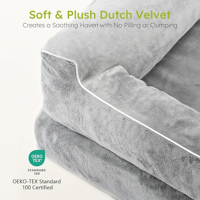 Extra Large Dog Bed - Orthopedic with Cooling Gel Memory Foam, Waterproof XL with Removable Washable Cover, 42" Dog Sofa Couch Dutch Velvet with Bone Toy, Light Gray LeafyLoom