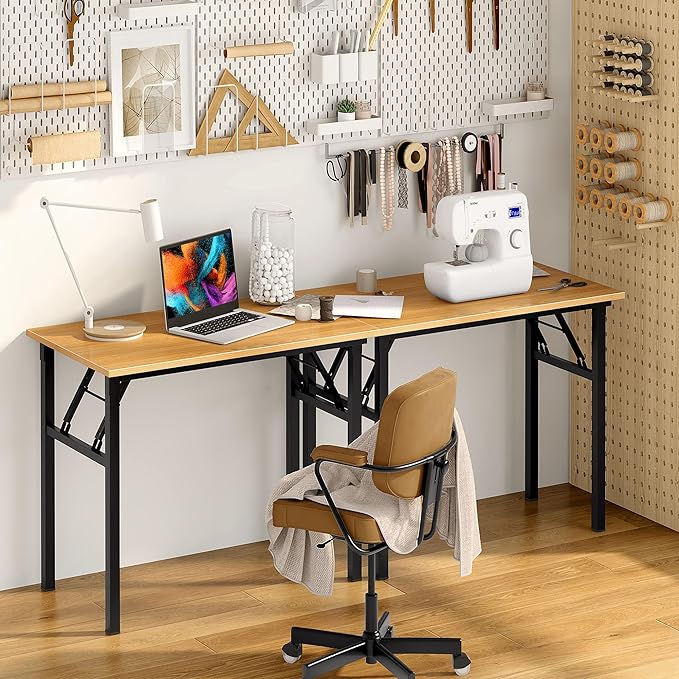 Need Folding Desk for Home Office 39-3/8'' Length Modern Folding Table Computer Desk No Install Needed Teak Color Desktop Black Frame, AC5BB(10060) - LeafyLoom