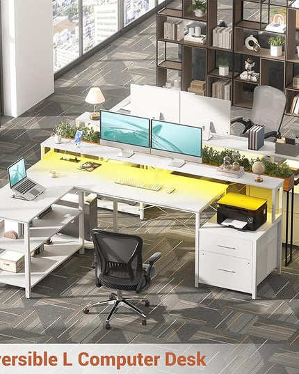 Aheaplus L Shaped Desk with File Drawer, 66" Reversible L Shaped Computer Desk with Power Outlet & LED Strip, Gaming Desk with Long Monitor Stand, Office Desk Corner Desk with Storage Shelf, White - LeafyLoom