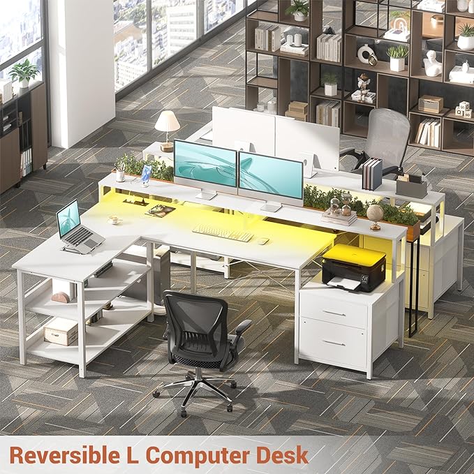 Aheaplus L Shaped Desk with File Drawer, 66" Reversible L Shaped Computer Desk with Power Outlet & LED Strip, Gaming Desk with Long Monitor Stand, Office Desk Corner Desk with Storage Shelf, White - LeafyLoom