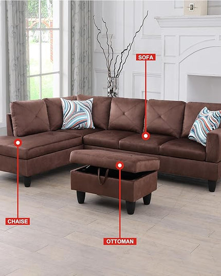 L-Shaped Sectional Couches with 66.5'' Chaise Lounge & Storage Ottoman Modular Room Sofas for Home Office Apartment, Large Living Furniture, 97'' Left Hand Facing, Brown Microfiber - LeafyLoom