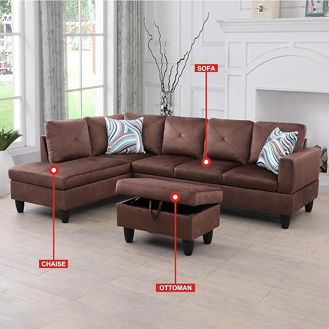 L-Shaped Sectional Couches with 66.5'' Chaise Lounge & Storage Ottoman Modular Room Sofas for Home Office Apartment, Large Living Furniture, 97'' Left Hand Facing, Brown Microfiber - LeafyLoom