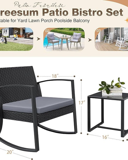 Greesum 3 Pieces Outdoor Furniture Set Patio Bistro Rocking Chairs with Glass Coffee Table for Pool Beach Backyard Balcony Porch Deck Garden, Gray - LeafyLoom