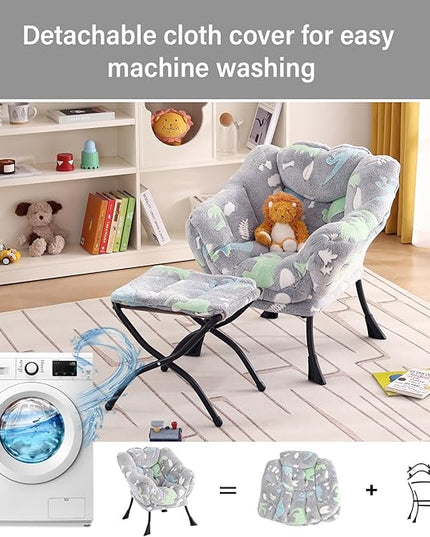 Welnow Toddler Kids Lazy Chair with Ottoman, Glow in The Dark Accent Comfy Lounge Children Armchair Couch with Removable Cover, Detachable Reading Chair with Footrest for Boy or Girl, Grey Dinosaur - LeafyLoom