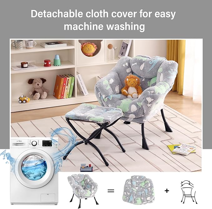 Welnow Toddler Kids Lazy Chair with Ottoman, Glow in The Dark Accent Comfy Lounge Children Armchair Couch with Removable Cover, Detachable Reading Chair with Footrest for Boy or Girl, Grey Dinosaur - LeafyLoom